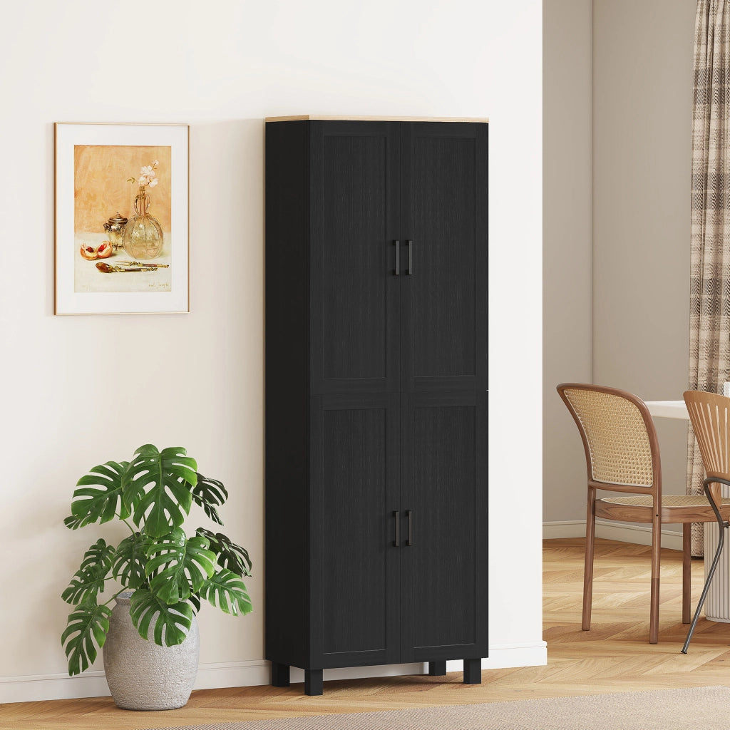 Mobile Dispensa da Cucina in Legno con 5 Ripiani Regolabili e 4 Ante, 60x30x170.5 cm, Nero