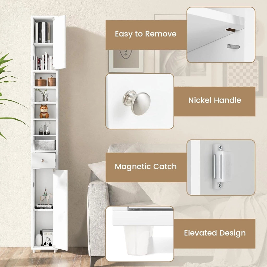 Armadio da Bagno Sottile e Alto con Ante, Mobiletto Bagno Salvaspazio Cassetto e Ripiani Regolabili, Design Moderno, 20 x 20 x 180 cm, 4 Colori