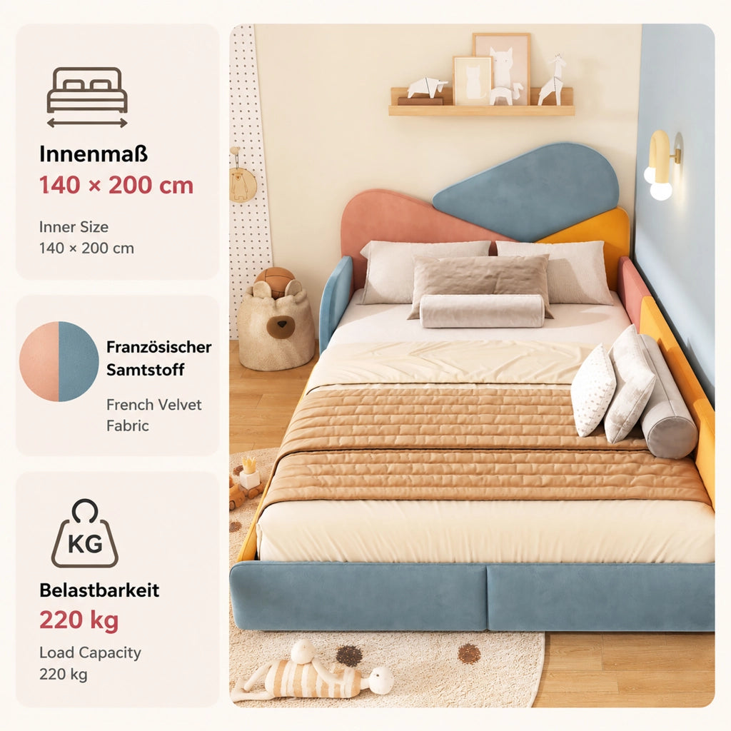 Letto per bambini 140 × 200 cm con protezione laterale rialzata, senza materasso, in velluto, blu multicolore