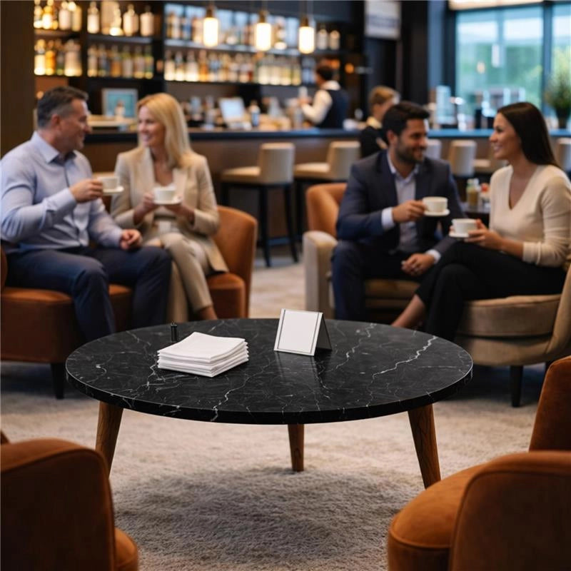 TABLE TAVOLINO TONDO DA CAFFÈ CON PIANO AD EFFETTO MARMO NERO DA D.75X43H  CM