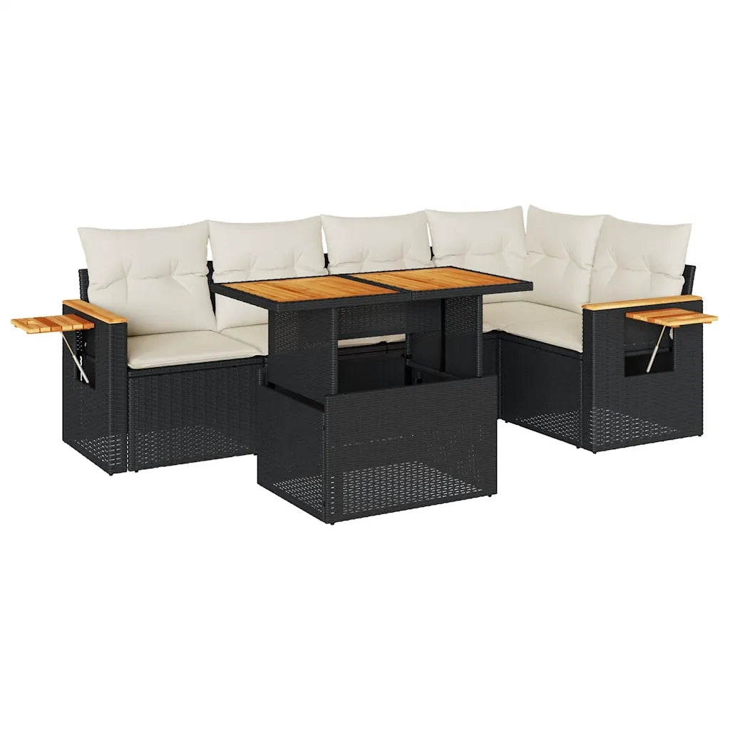 Set Divano da Giardino 6 pz con Cuscini Nero Polyrattan Acacia 3327598