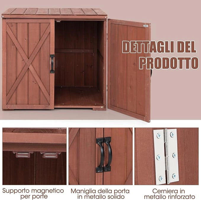 Casetta da Giardino in Legno di Abete, Capanno da Esterno con Doppie Ante Magnetiche e Comode Maniglie, Ideale per Giardino, Giardino, Fattoria e Cortile, 77 x 56 x 72 cm