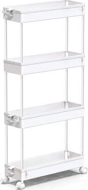 Carrello di archiviazione con 4 livelli carrello di archiviazione slittante carrello con ruote unità di mobile scaffale organizzatore per cucina bagno lavanderia ufficio, plastica e acciaio inossidabile, bianco