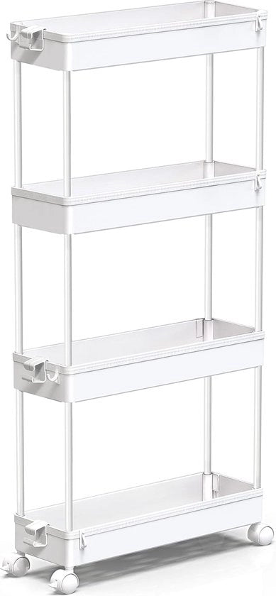 Carrello di archiviazione con 4 livelli carrello di archiviazione slittante carrello con ruote unità di mobile scaffale organizzatore per cucina bagno lavanderia ufficio, plastica e acciaio inossidabile, bianco