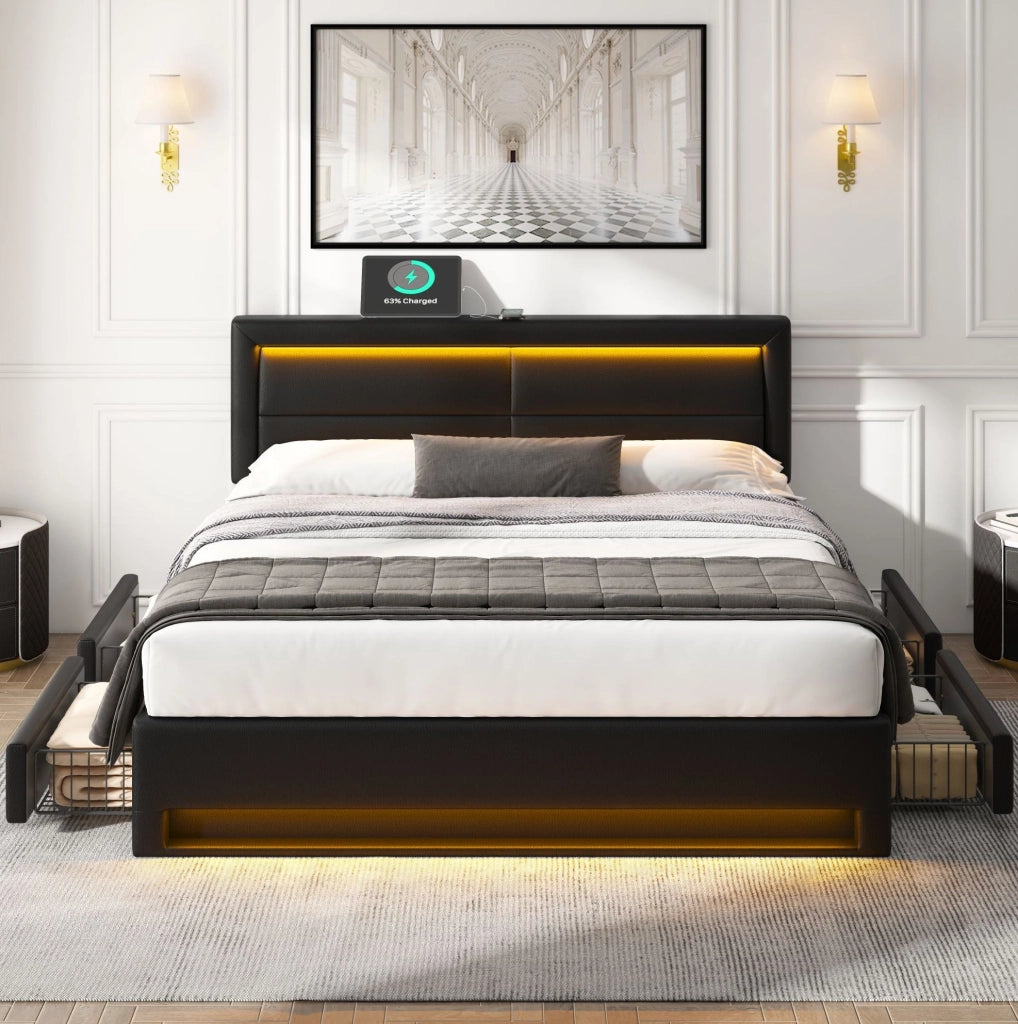 Letto imbottito 140x200 cm con LED; ricarica USB e wireless; 4 cassetti; similpelle nera