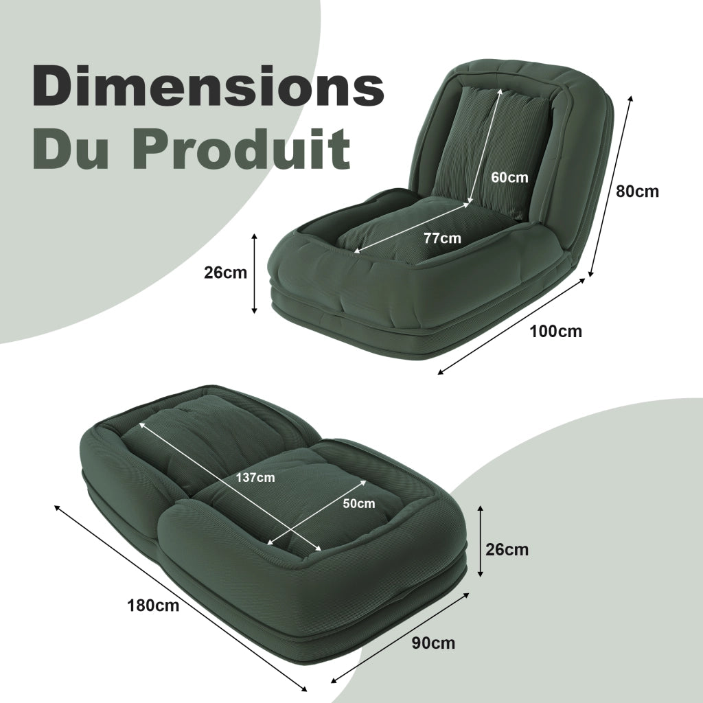 DIVANO LETTO Pieghevole Ergonomico 90°-180° 5 posizioni Verde Tessuto