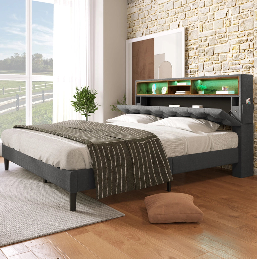 Letto matrimoniale imbottito 140x200 cm con testiera contenitore e LED; grigio