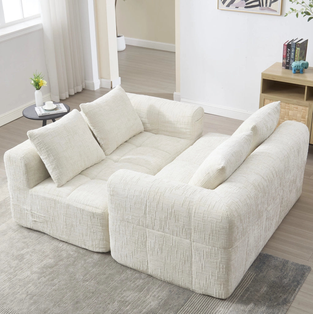 Divano chaise longue in ciniglia beige con tasche laterali