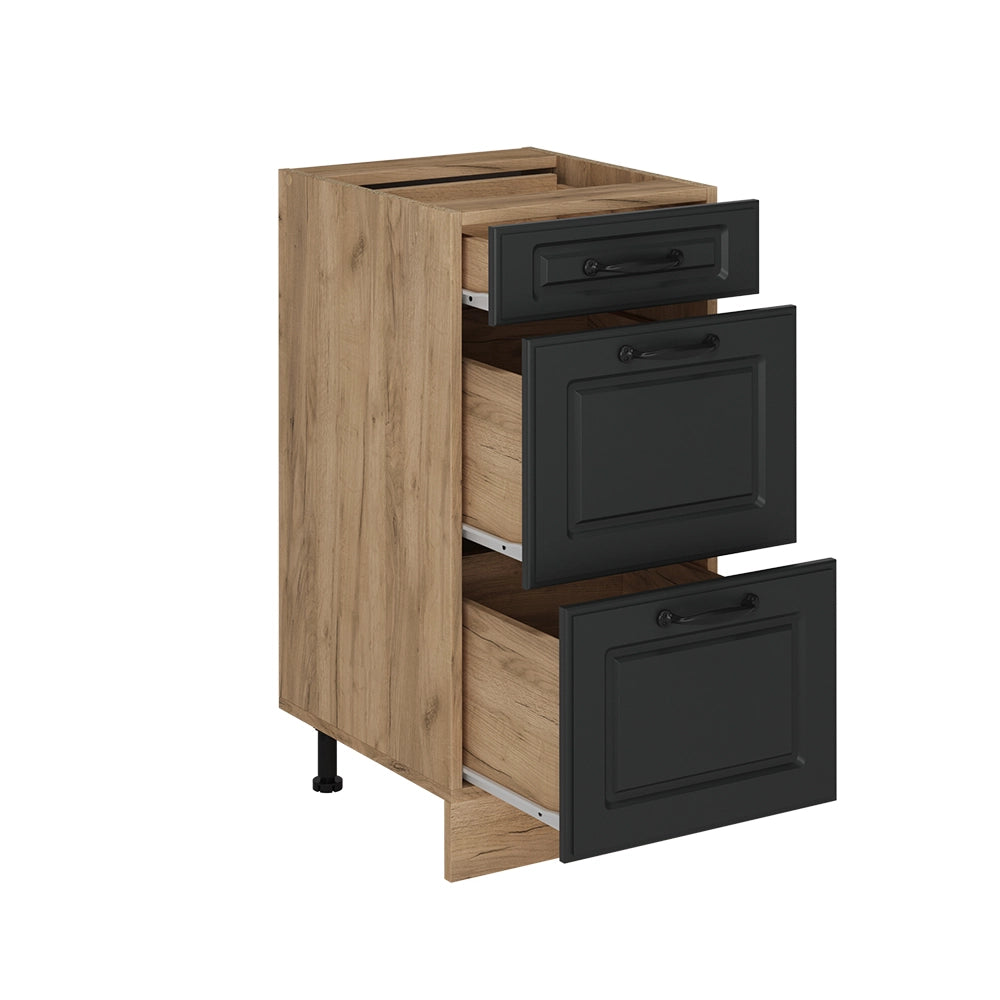Mobiletto base per cucina R-Line Antracite rustico/Rovere dorato 40 cm con cassetti, senza piano di lavoro Vicco