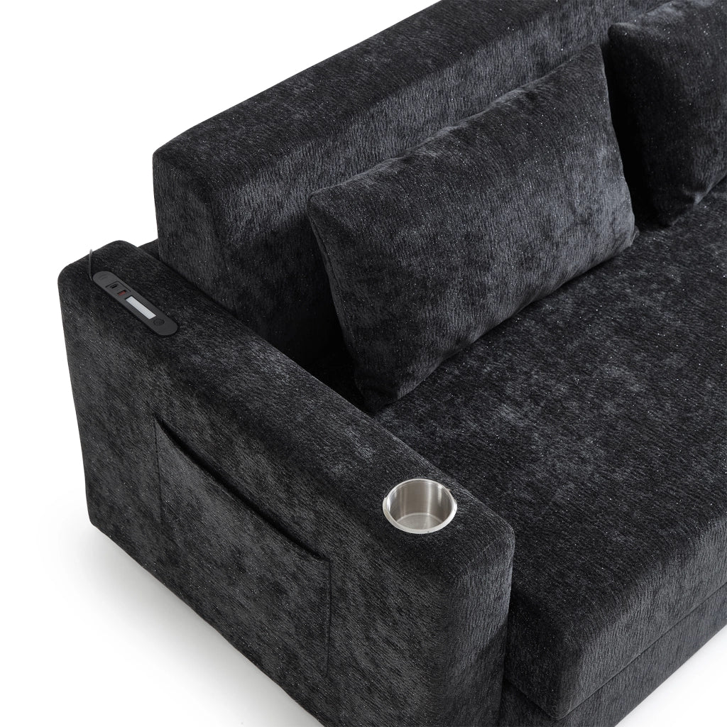 Divano letto 2-in-1 pieghevole salvaspazio in ciniglia con funzioni integrate, nero/grigio