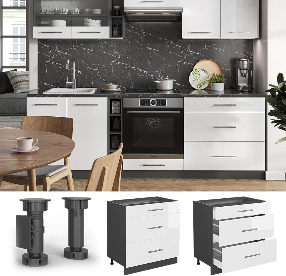 Mobiletto base per cucina Fame-Line, Bianco lucido, 80 cm con 3 cassetti, senza piano di lavoro, per la combinazione con altri moduli della serie Fame-Line