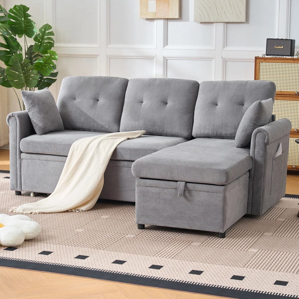 Divano angolare convertibile con vano contenitore e funzione letto chaise longue reversibile in ciniglia grigia