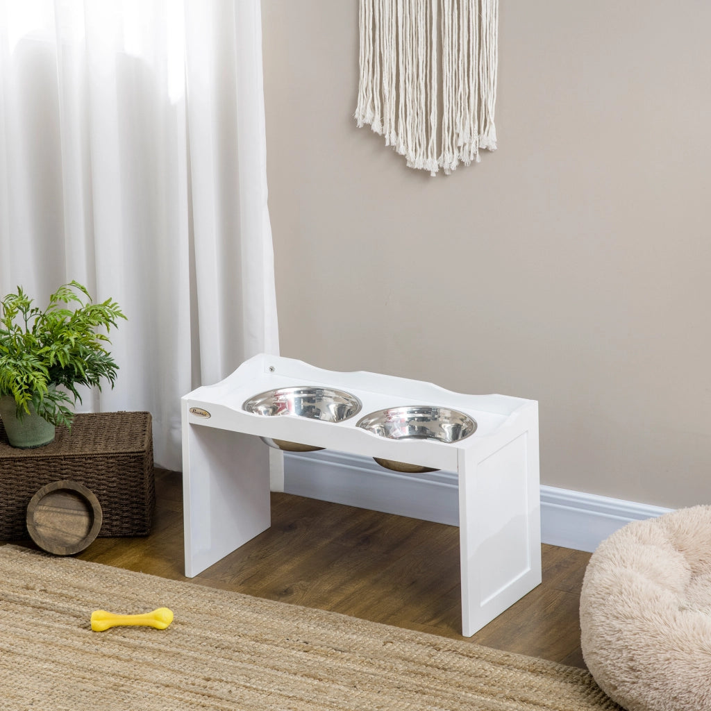 Stazione alimentare per cani con 2 ciotole ¨C zephmum ¨C bianco, acciaio inox, 63x30x24 cm
