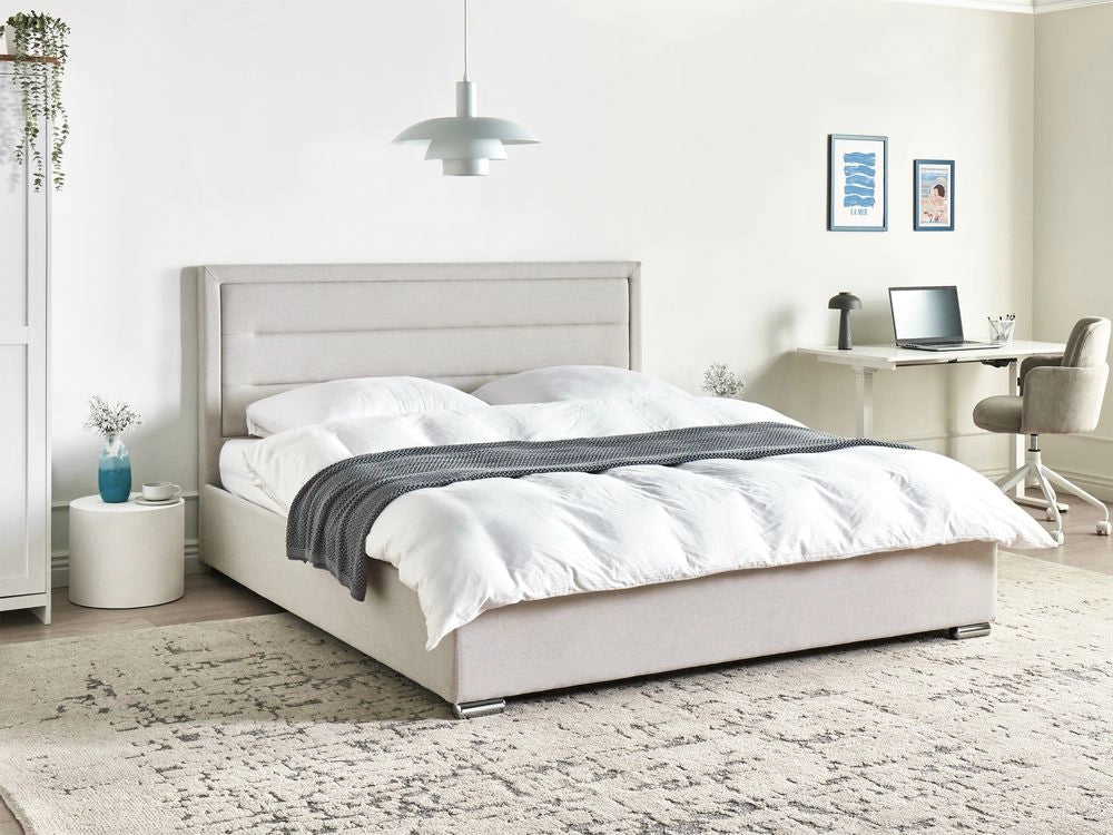 Letto matrimoniale in tessuto con contenitore beige chiaro 180 x 200 cm design moderno imbottito con testiera ottomana