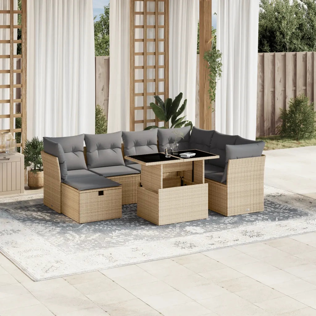 Set Divano da Giardino 8 pz con Cuscini Beige in Polyrattan