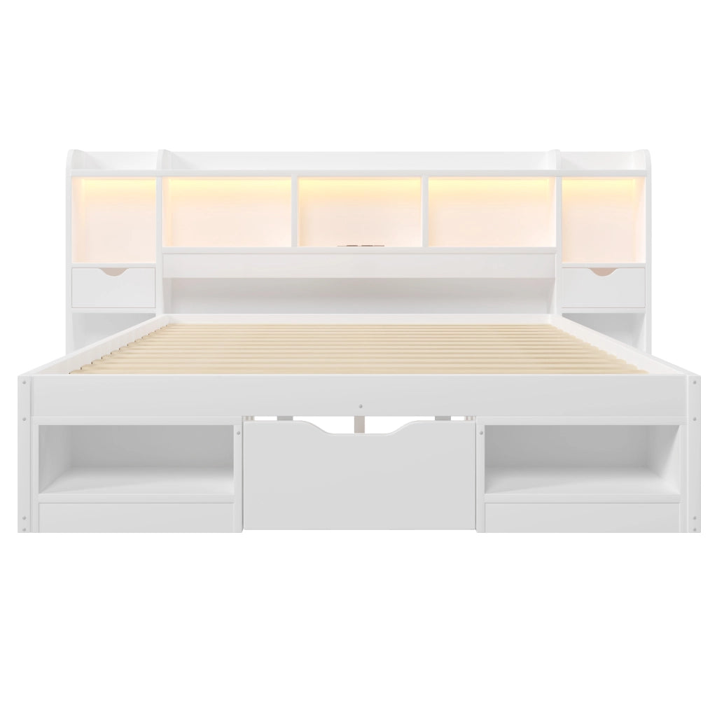 Struttura letto 140x200 con contenitore; LED a sette colori e USB; bianca