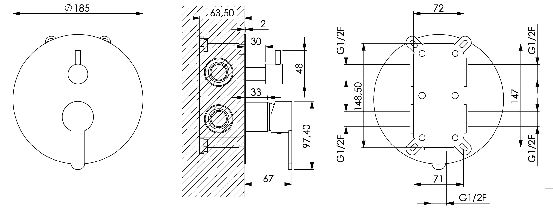 Rubinetto miscelatore doccia incasso 3 vie, 3 uscite