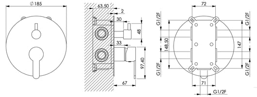 Rubinetto miscelatore doccia incasso 3 vie, 3 uscite