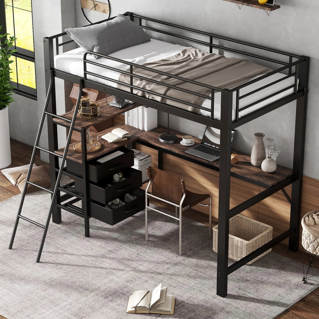 Letto a soppalco in metallo 90x200 cm con scrivania da 2 m, 3 cassetti e scala