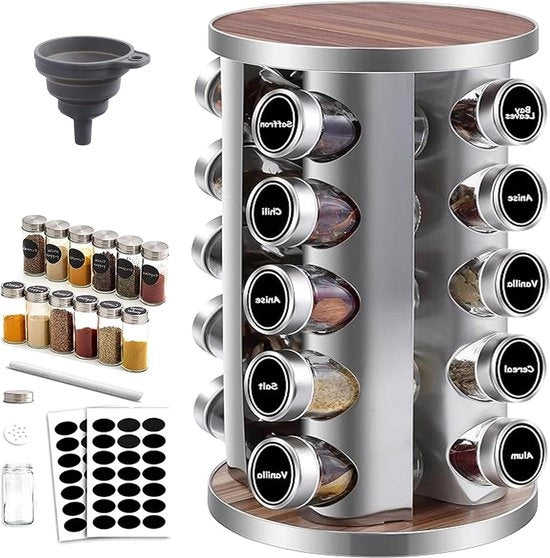 Kruidenrek con 20 contenitori di erbe e carosello - 360 gradi girevole - in acciaio inox con carta etichettabile e penna a sfera - finitura in legno