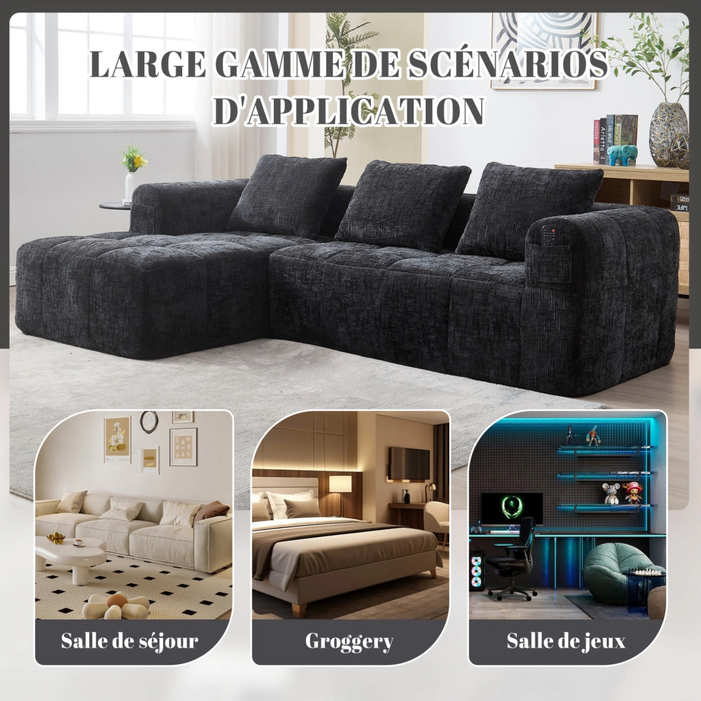 Divano modulare a L, 3 posti, tessuto chenille nero, con chaise longue e braccioli, 3 cuscini inclusi