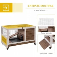 Conigliera in Legno con 4 Ruote, Casetta per Conigli e Rampa, 90x53x59cm, Marrone