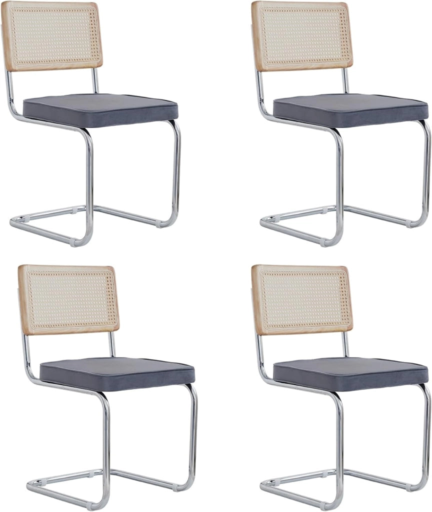 GrandCA HOME Set di 4 Sedie da Pranzo con Schienale in Canna Naturale e Base in Acciaio Cromato, Sedie da Cucina Imbottite in Rattan,Grigio