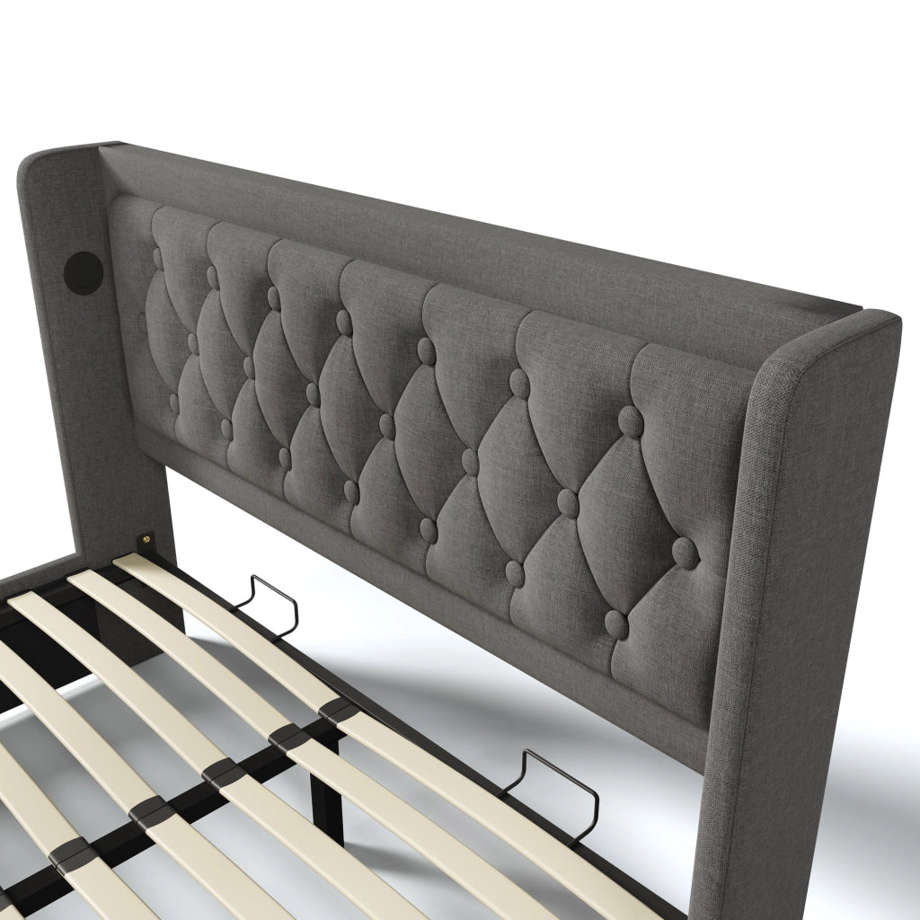 Letti contenitori 180x200 cm con LED e USB; cotone grigio (Senza materasso)