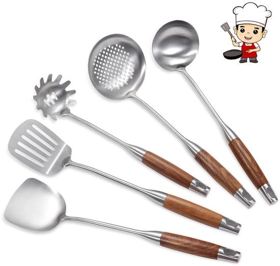 Set di 5 accessori da cucina in acciaio inossidabile - Spatel set Spatel schiuma Noedellepel Wok Opscheplepel - Resistente alla lavastoviglie