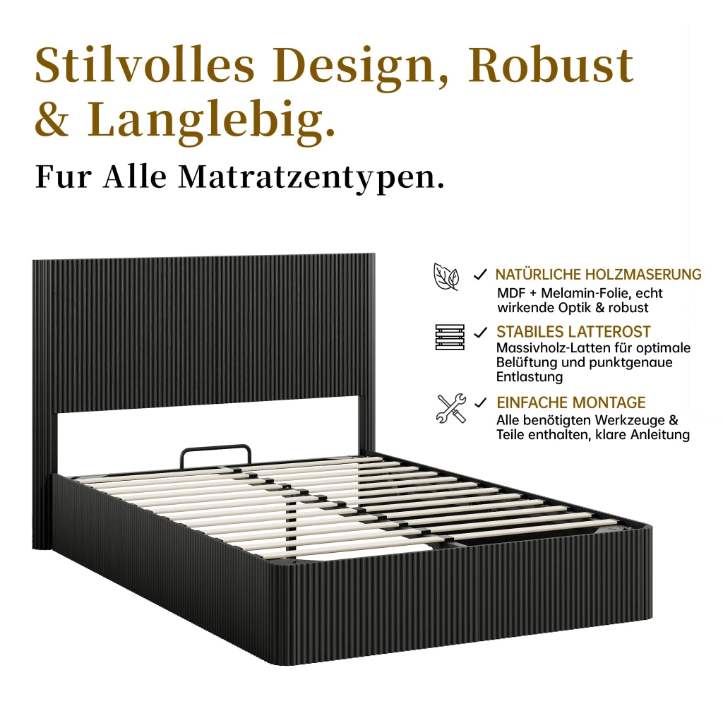 Letto contenitore 140 × 200 cm con sollevamento idraulico, ampio vano, struttura stabile, senza materasso, nero