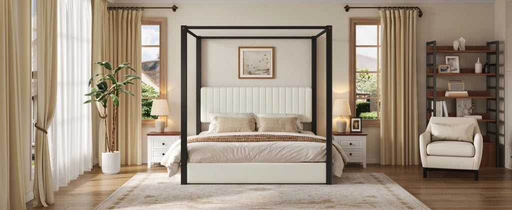 Letto matrimoniale 180 × 200 cm a baldacchino con testiera imbottita, struttura in metallo, senza materasso, beige e nero