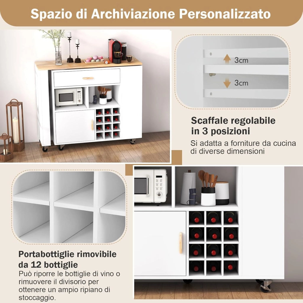 2 in 1 Carrello da Cucina, Carrello di Servizio Reversibile con Piano in Legno di Gomma, Ripiano Regolabile Porta Calici per 12 Bottiglie, 120x40x100 cm