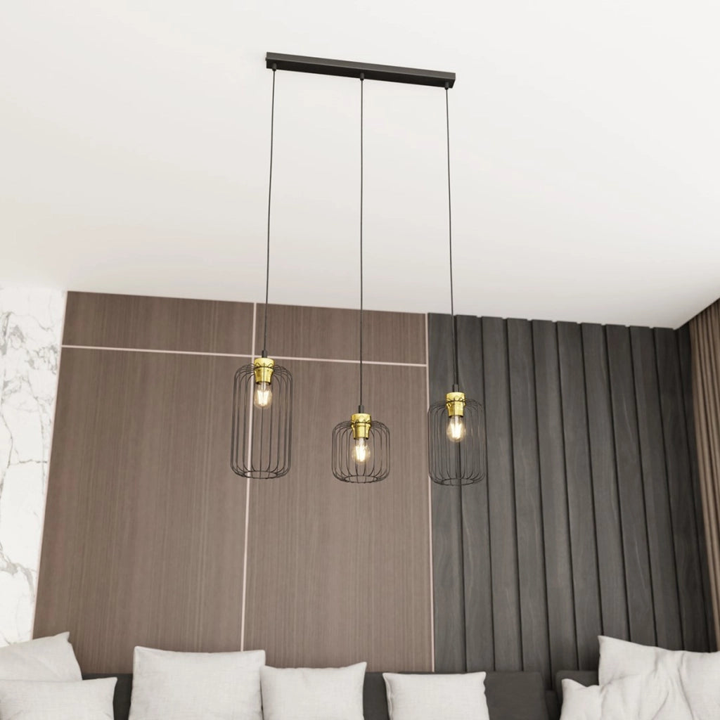 Lampada a sospensione Vander con tre luci in acciaio nero e oro