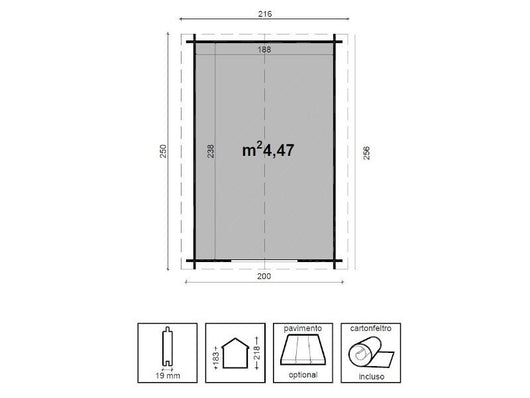 Box pino grezzo Greta 200x250cm blockhouse tetto pannelli OSB porta doppia Losa