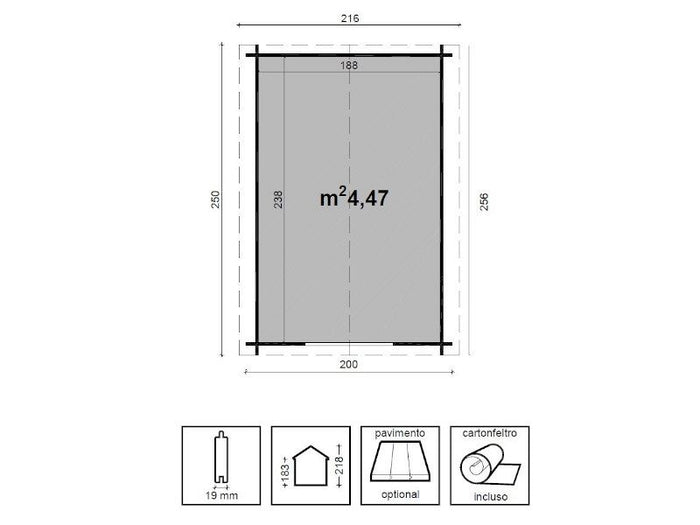 Box pino grezzo Greta 200x250cm blockhouse tetto pannelli OSB porta doppia Losa