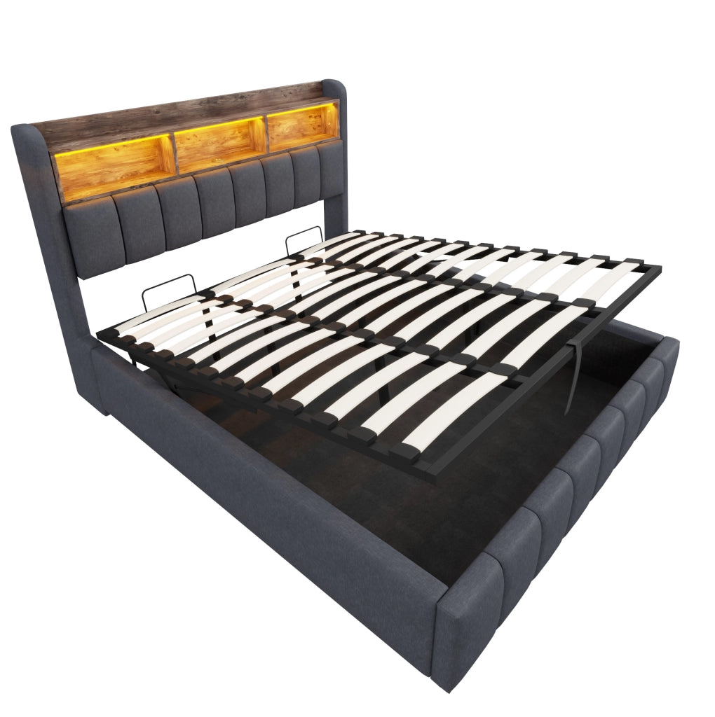 Letto imbottito 180x200 cm con LED; contenitore; USB e Type-C; grigio