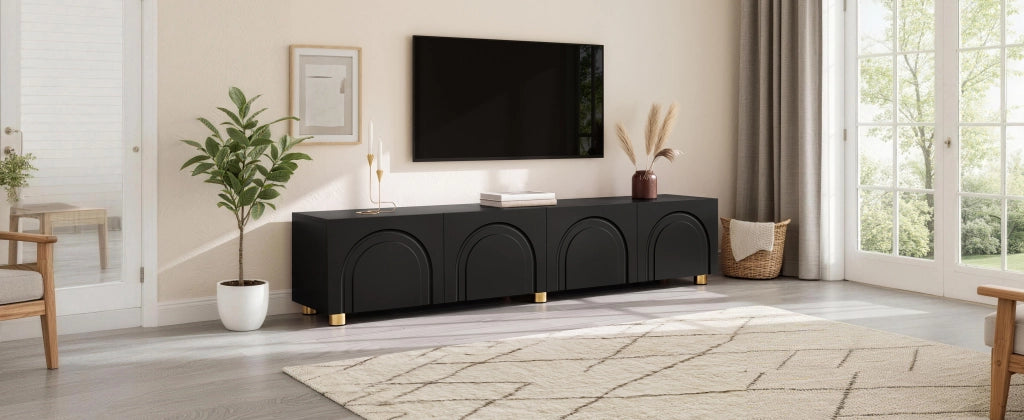 Mobile porta TV con 4 ante e rilievo ad arco, per soggiorno, in MDF e pannello truciolare, nero, 180 × 35 × 40 cm