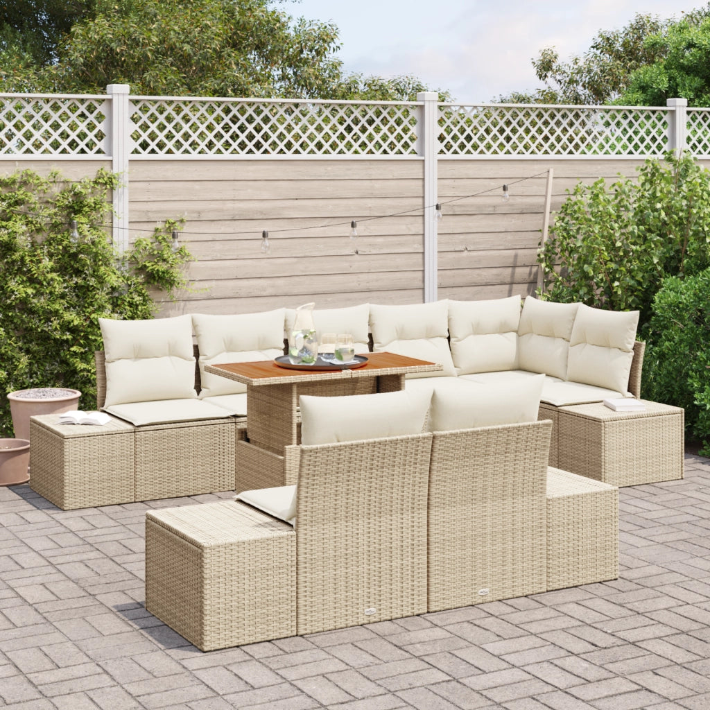 Set di Divani da Giardino in 9 Pezzi con Cuscini Beige Polyrattan