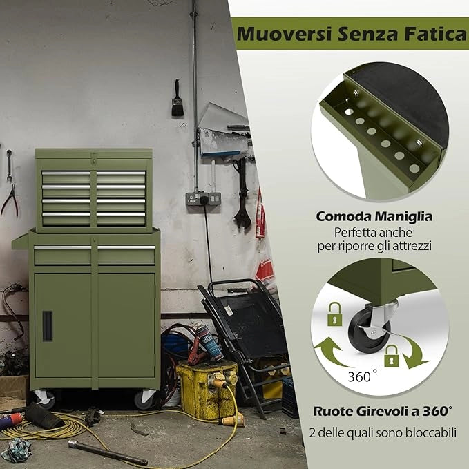 Cassettiera Portautensili a 4 Cassetti, Carrello per Attrezzi con Ruote Bloccabili Ripiano Regolabile e Rivestimento Antiscivolo, 59 x 28 x 102 cm (Verde Oliva)
