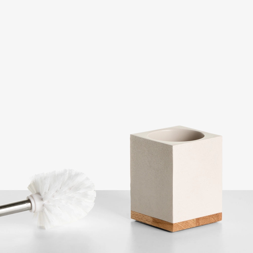 Set di 5 accessori da bagno con portasapone, dispenser, scopino, bicchiere e portaspazzolini beige