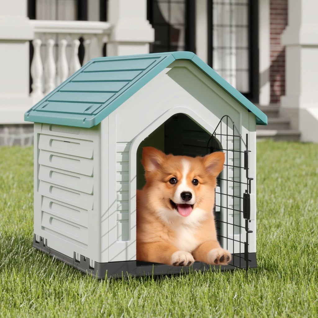 Rifugio per animali domestici da interno ed esterno con porta, Casa per cani in plastica in metallo bloccabile Blu scuro-Casette e lettini