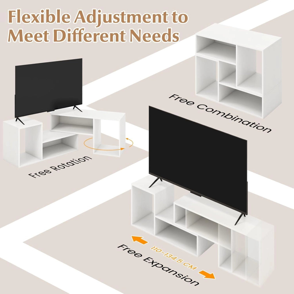 Mobile TV Soggiorno Liberamente Combinabile da 2 Pezzi, Mobiletto Multifunzione per Televisione fino a 60”, Mobile Porta TV in Legno con Vani Aperti e Chiusi, per Camera da Letto (Bianco)