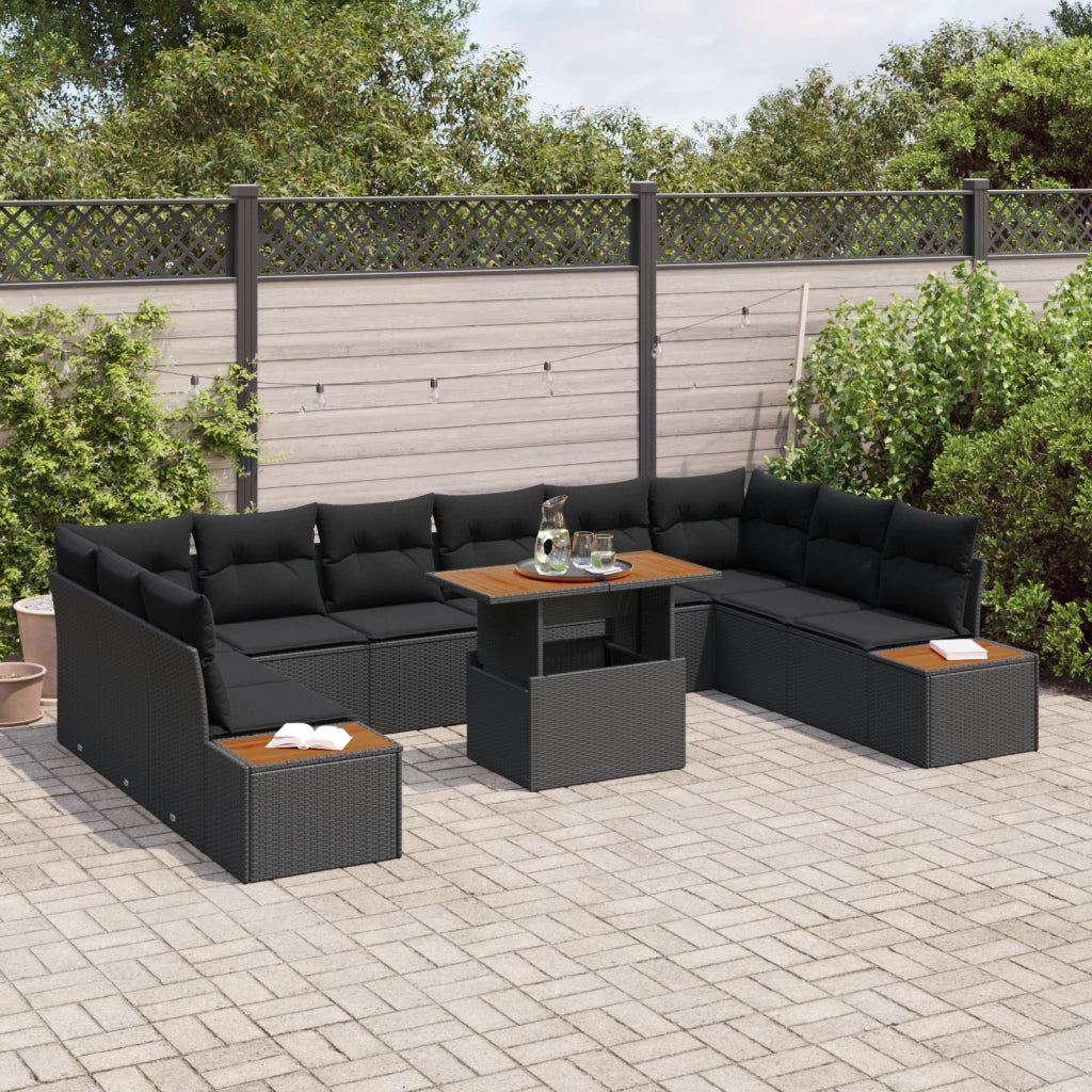 Set da pranzo da giardino 11 pezzi con cuscini rattan polyrattan nero acciaio marrone