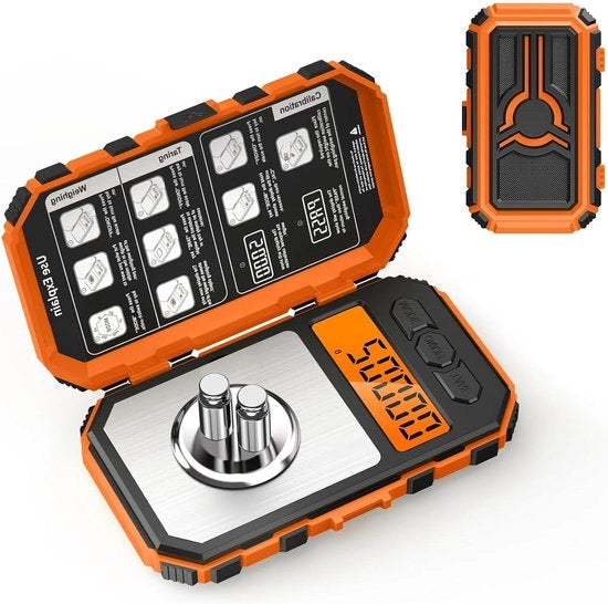 Ponderosimetro - Ponderosimetro per persona Ponderosimetro digitale precisione milligrammo Portatile Ponderosimetro per gioielli Display LCD Ponderosimetro mini Funzione tara 10 g x 2 st. pesi di calibrazione & pinze - arancione
