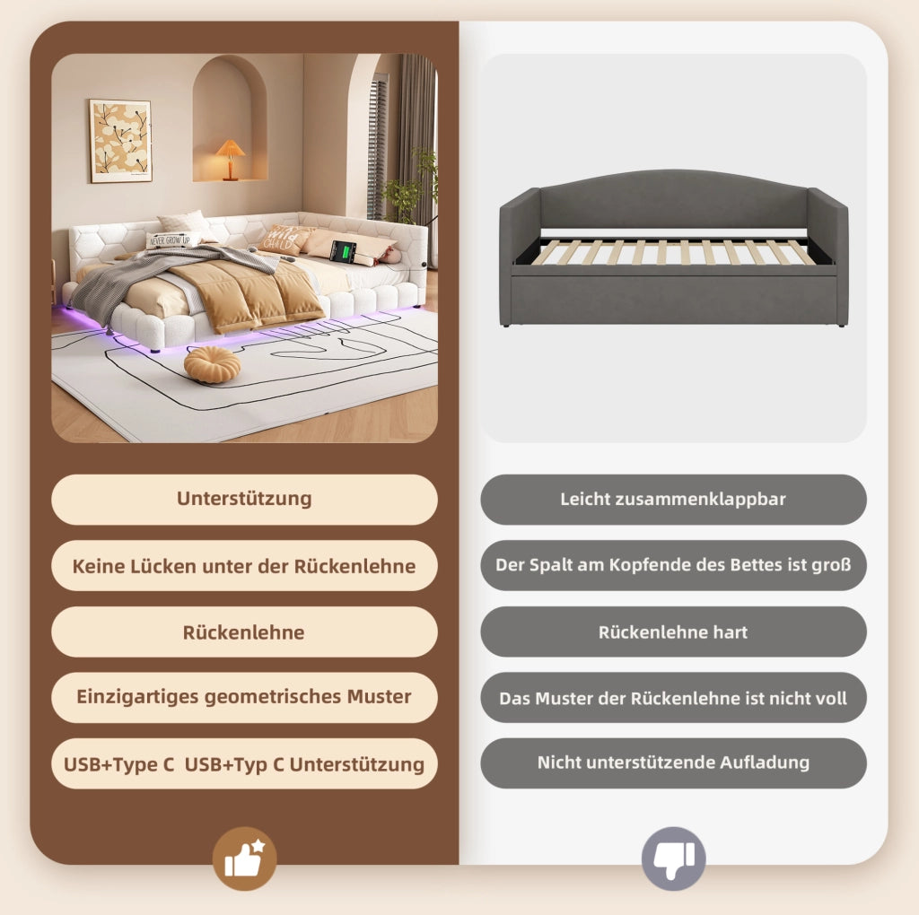 Divano letto 140x200 cm con luci LED, USB, porta Type-C e struttura in MDF
