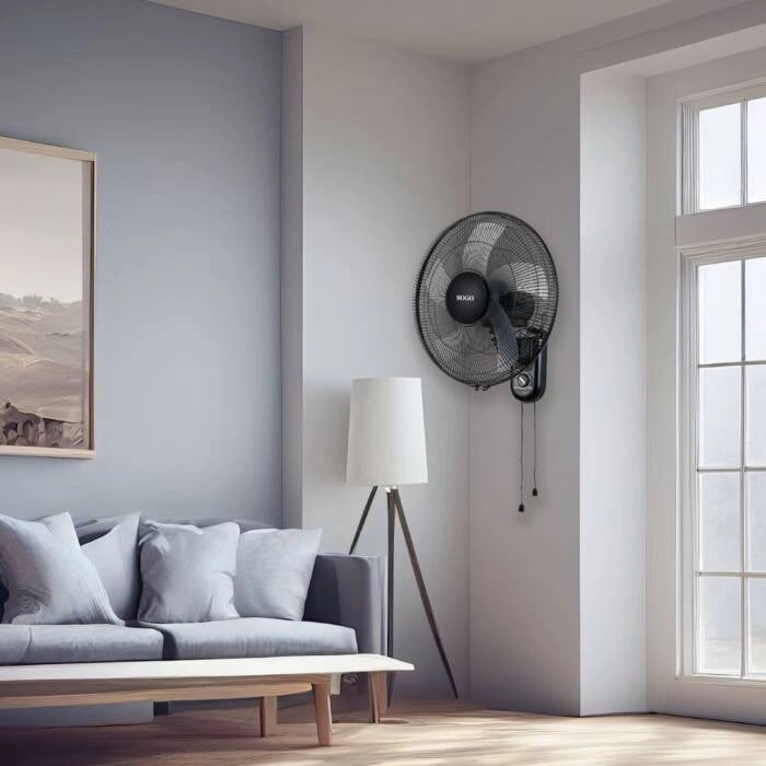 Ventilatore da parete 40 cm con oscillazione, 3 velocità e 5 pale 50W con tiranti comando e inclinazione regolabile - Sogo