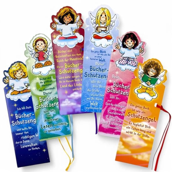 Set di segnalibri a 6 pezzi - Disegni colorati - Amuleti protettivi - Fiocchi di seta - Apribile - Carta cartone di alta qualità - Segnalibri