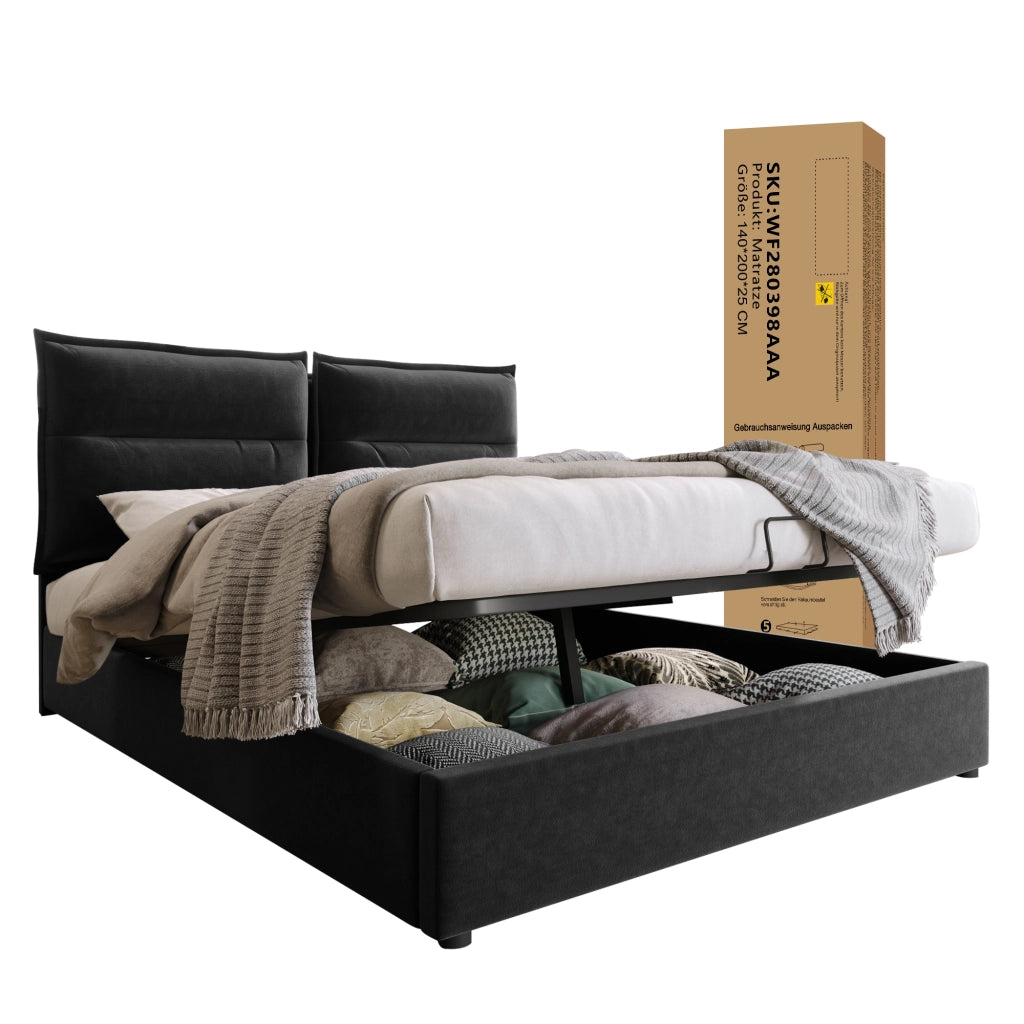 Letto contenitore matrimoniale 140×200 cm con testiera regolabile e materasso incluso; velluto; nero