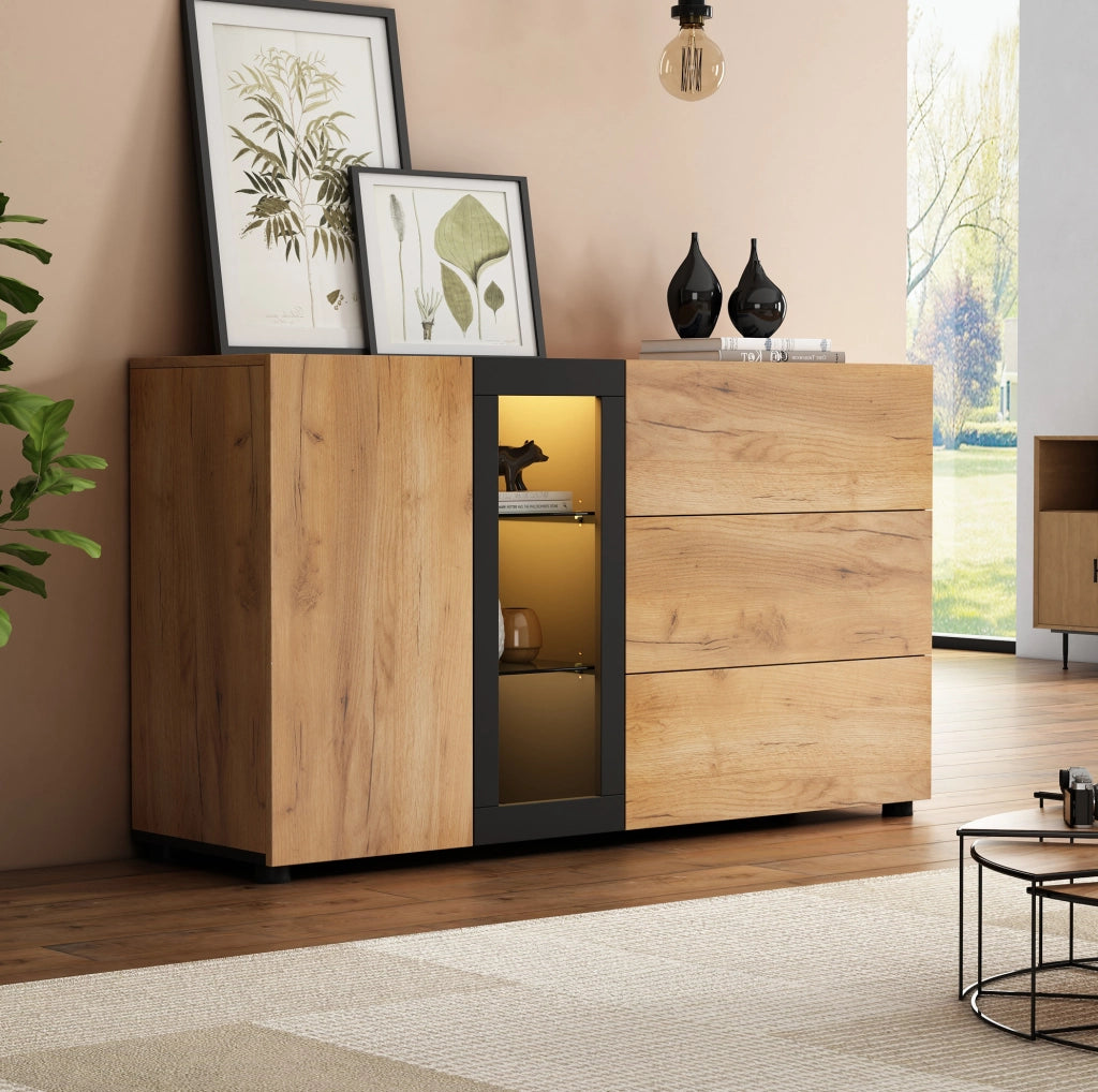 Credenza 140x40x80 cm in truciolato marrone e nero， LED APP， 2 colli