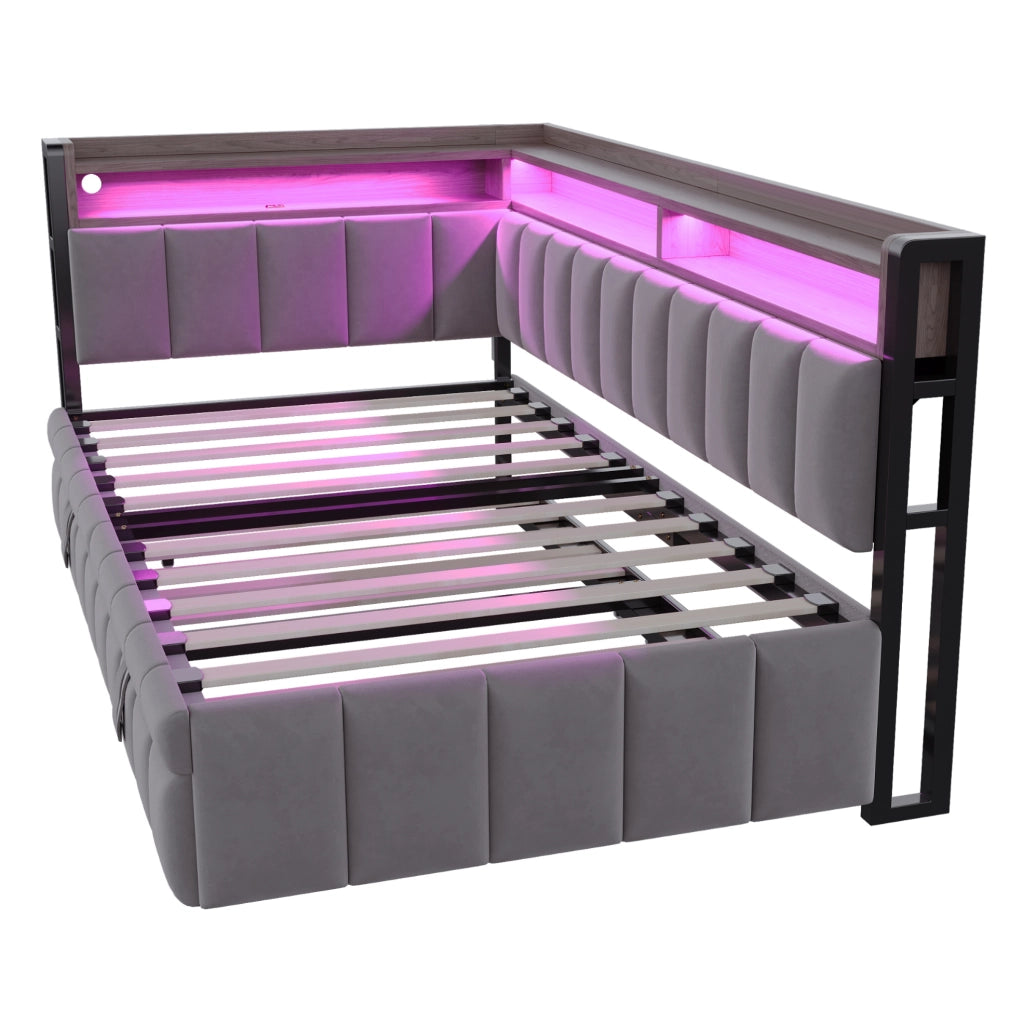 Divano letto estraibile 90x200 cm con LED; USB e Type-C; grigio scuro in velluto